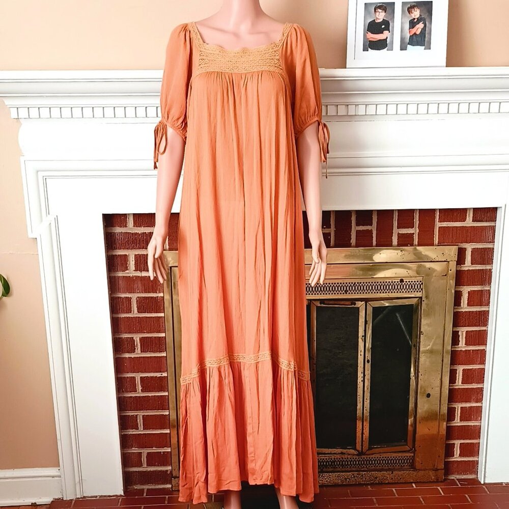 Easel Ruffle Maxi Peasant Dress S Women's Boho Crochet Trim Short Puff Sleeves